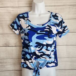 Rue21 Juniors Medium Blue Camo Knot Front Crop Top Y2K Streetwear